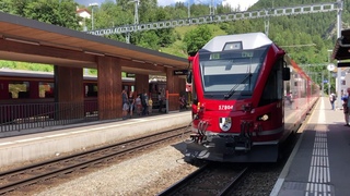 Rhätische Bahn Trains and Landwasser Viaduct in Graubünden Switzerland