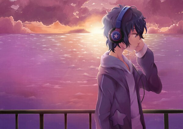 Anime cool boy with headphones