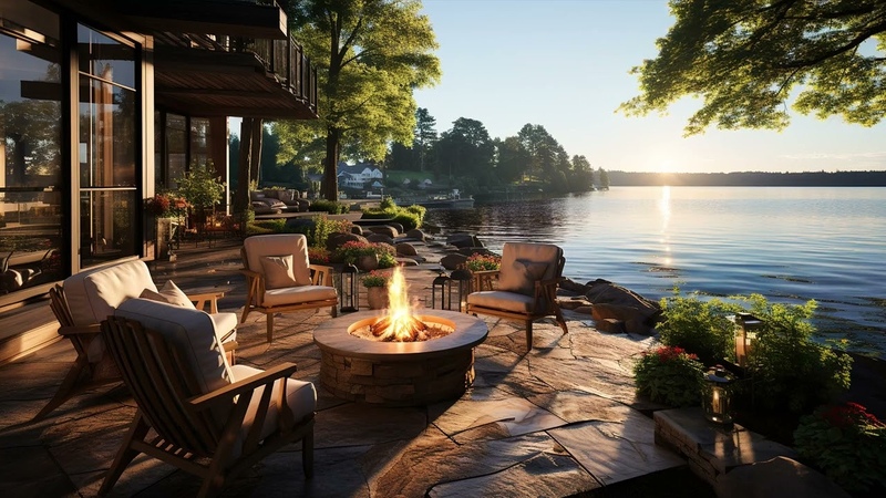 Moring Ambience with Blue Sky in Cozy Porch with Cozy Campfire helps to Relaxation