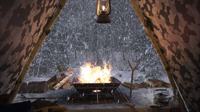 Solo camping ambience in winter mountains, bonfire crackling, winter wind