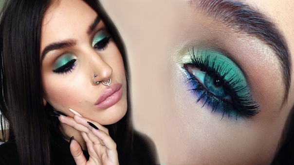 Soft colorful smokey eyes, Green gold and purple makeup