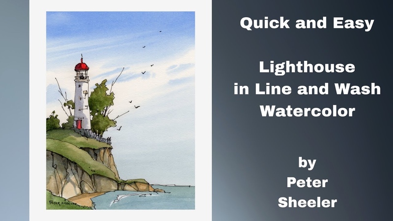 Easy and fun Lighthouse in Line and Wash Watercolor. Great for Beginners. Peter